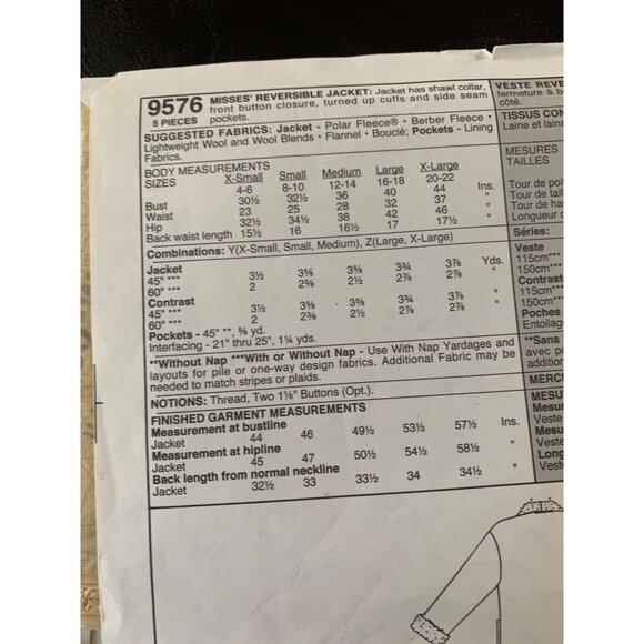 McCall's Misses Coat Reversible Sewing Pattern Sz Lg - XL 9576 - Uncut - Picture 8 of 11